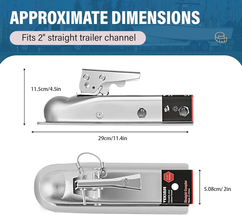 VEKINSE Straight Tongue (Zinc) Trailer Coupler with Hardware, Easy Remove Sticker and Instruction fit for 2" Channel, 2" Hitch Ball, 3,500 lbs, Silver - Image 2